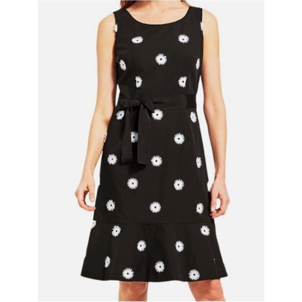 Talbots Black Dress with White Embroidered Daisy Print and Tie Waist